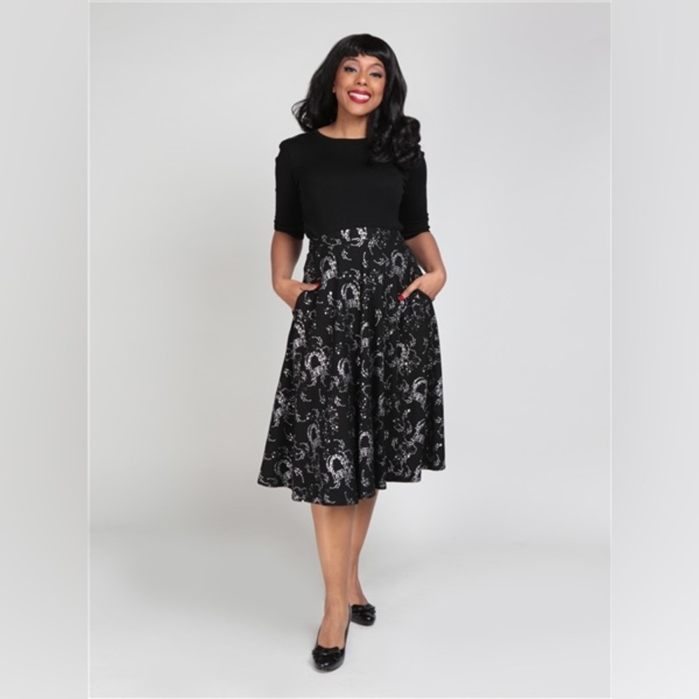 COLLECTIF Sadie Dream retro black with silver castles and pockets 50’s NWOT